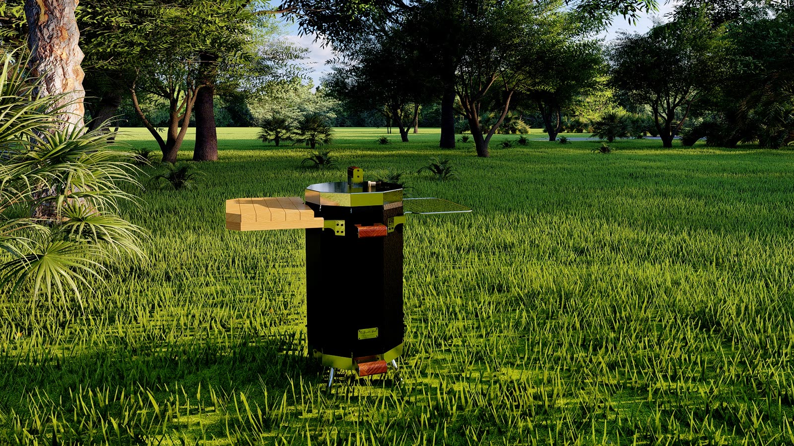 Render del asador ubicado en una zona verde
