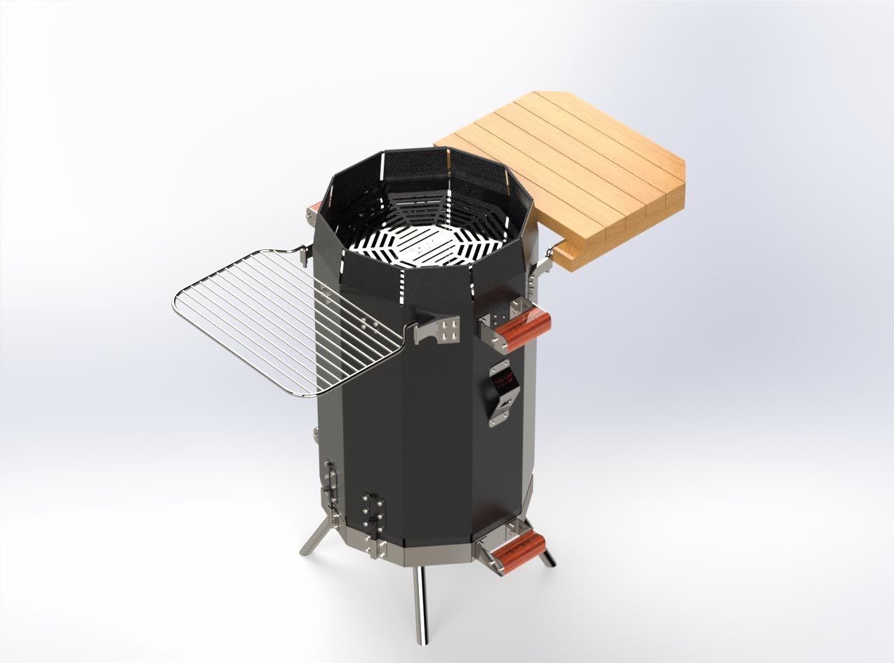 Render de un asador negro con mesa de madera y parrilla lateral