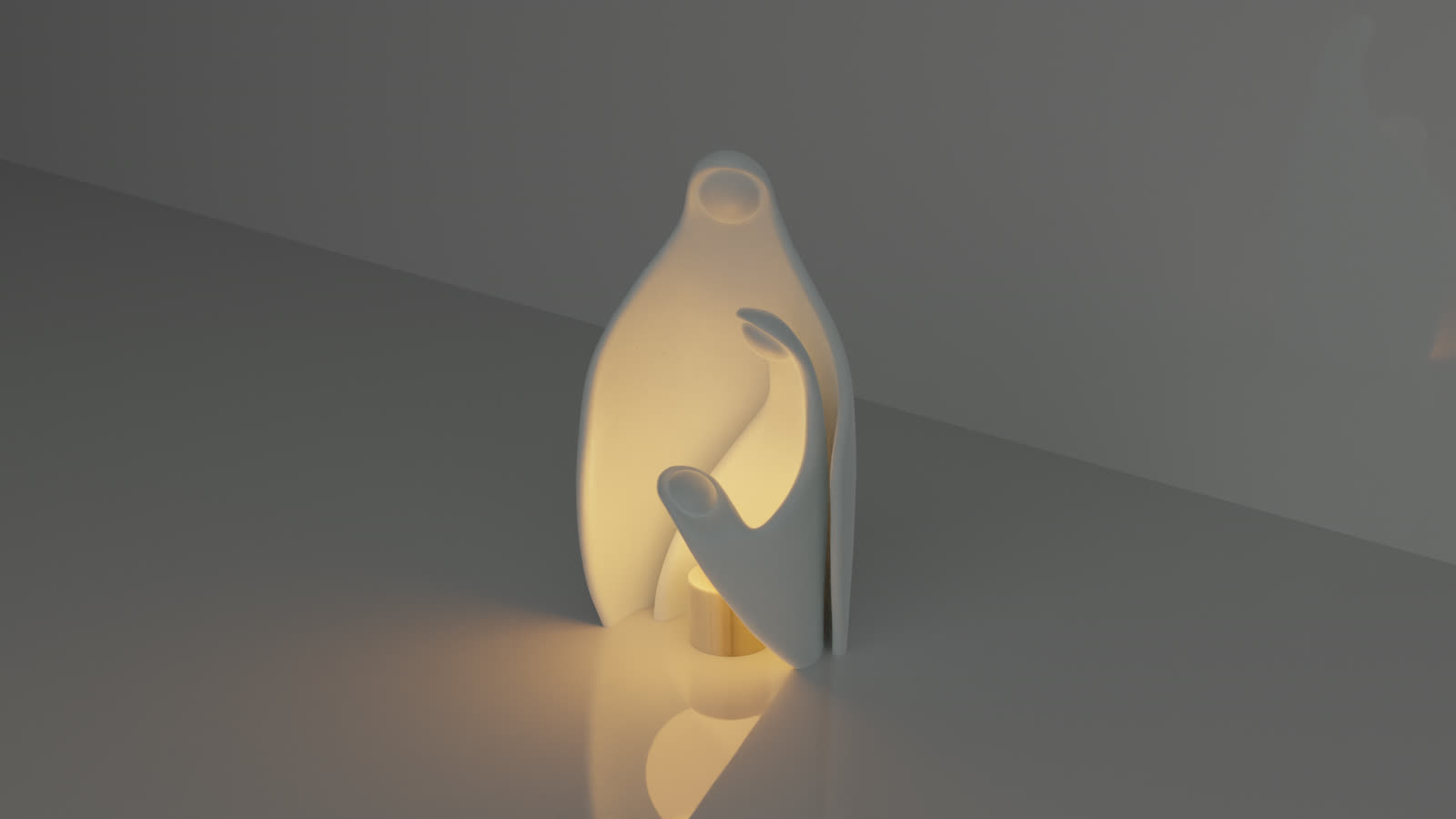 Render de una luminaria escultórica con luz cálida