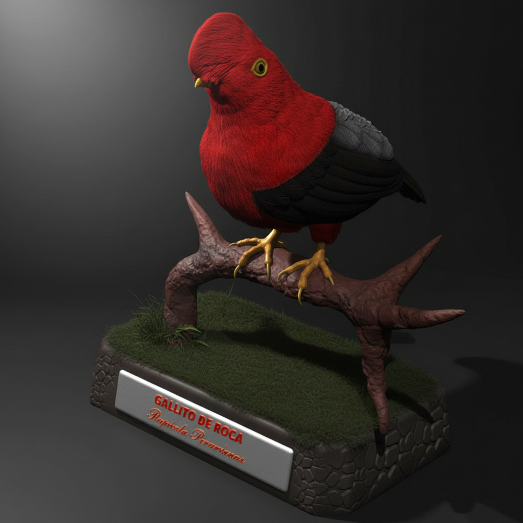 Escultura digital de un gallito de roca rojo sobre una rama